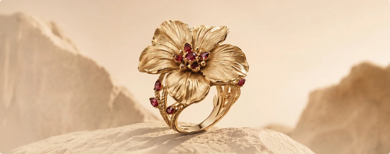 Gold Flower Ring with Red Stones