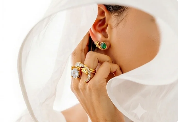 Model wearing gold jewelry